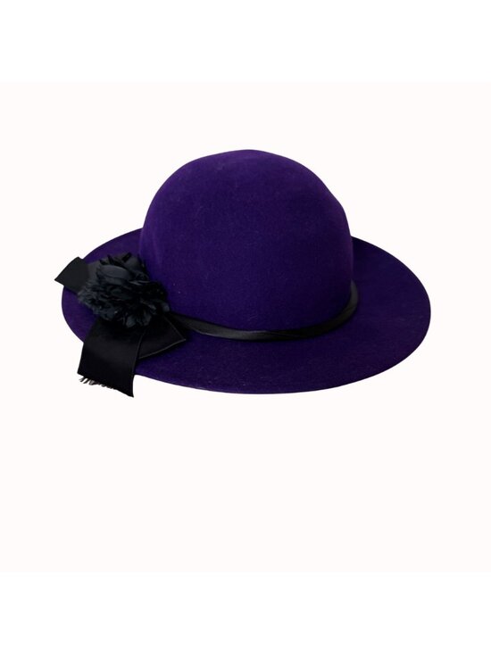 Vintage Purple Felt Wide Brim Hat Wool Head Hugger USA Black Ribbon Church
